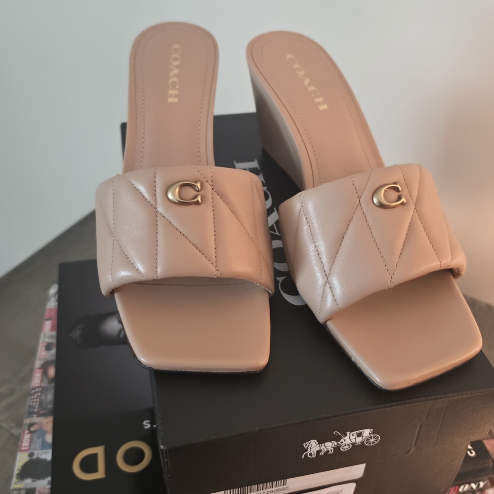 Authentic Emma Quilted Coach Slide Mules in Nude Blush with Gold 'C' Accent